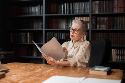Mulher idosa lê um manuscrito sentada a uma mesa de madeira, em uma biblioteca cercada por estantes de livros.